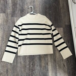 Women's Cream and Black Striped Crewneck Sweater